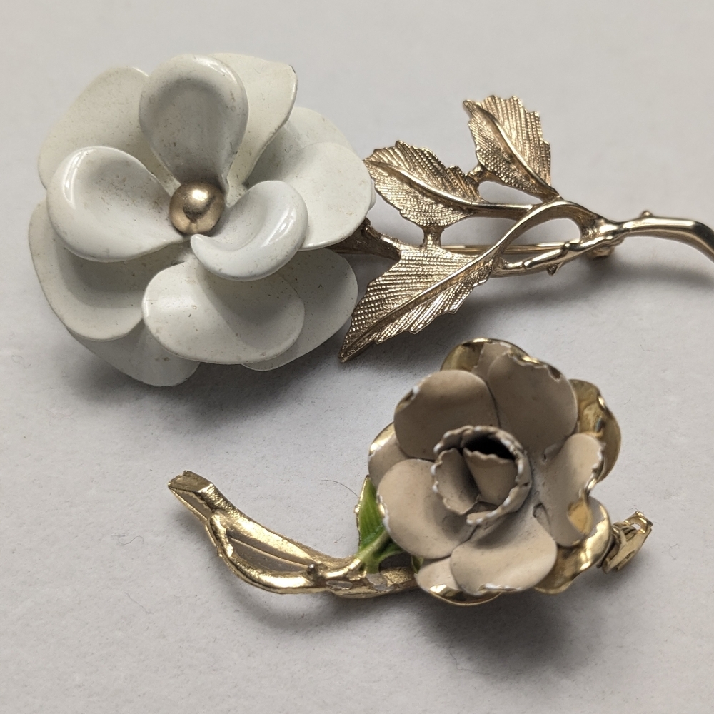 2 Vintage Enamel Floral Brooches